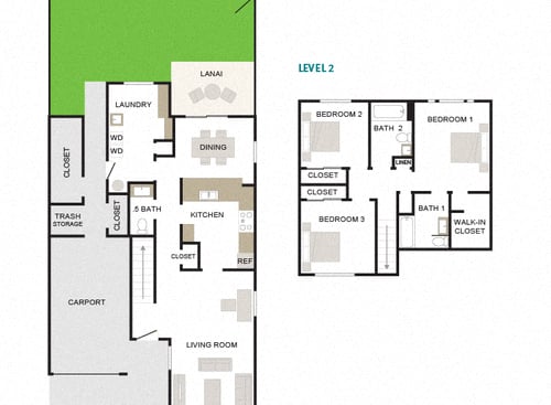 Kaimana 3/2.5 1402sf Townhome floor plan