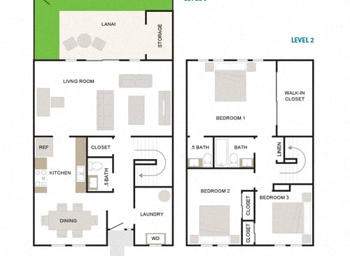 Makai 3/1.5 1368sf Townhome floor plan