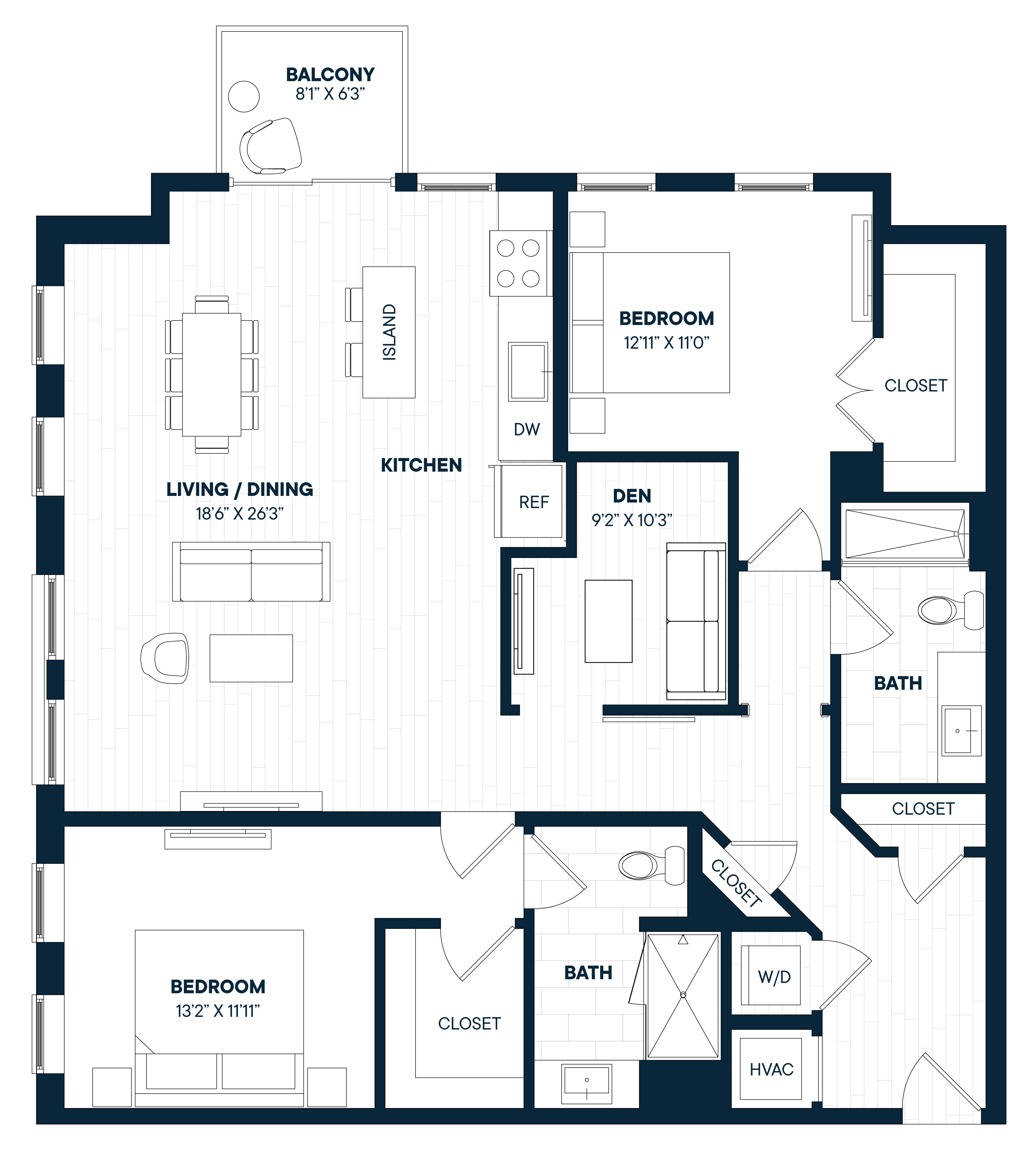 2 Bed 2 Bath Den-B9D-C floor plan