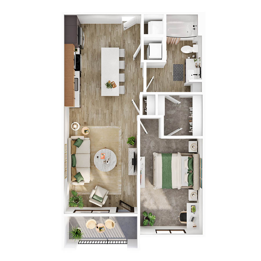 Rendering of the A1 ANSI floor plan with 1 bedroom[s] and 1 bathroom[s] at Lumara