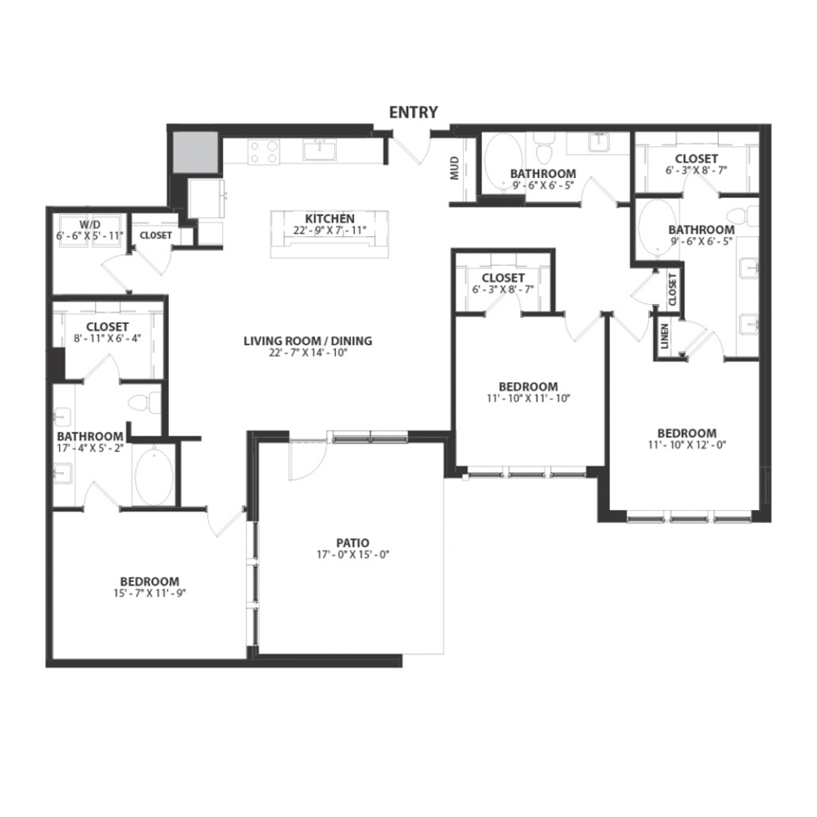 Rendering of the Parker 2 floor plan with 3 bedroom[s] and 2 bathroom[s] at Hartwood