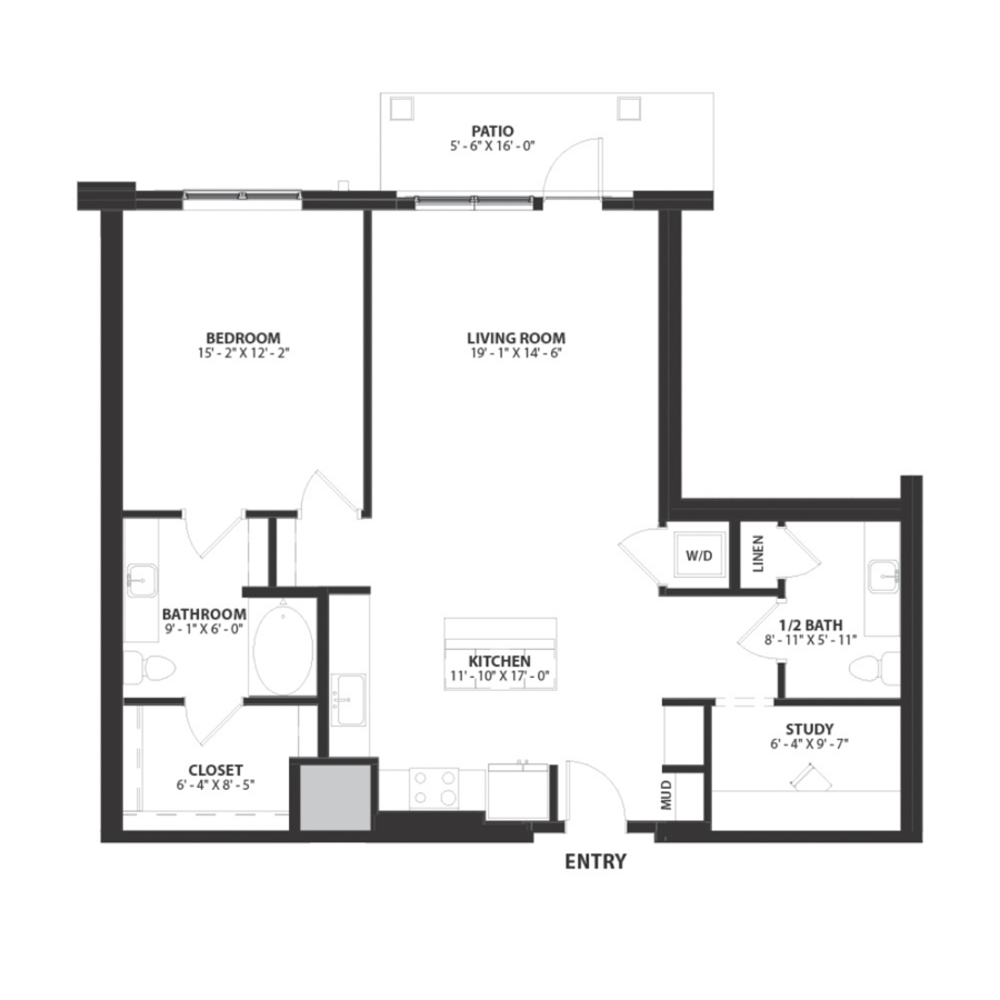 Rendering of the Brooklyn floor plan with 1 bedroom[s] and 1.5 bathroom[s] at Hartwood