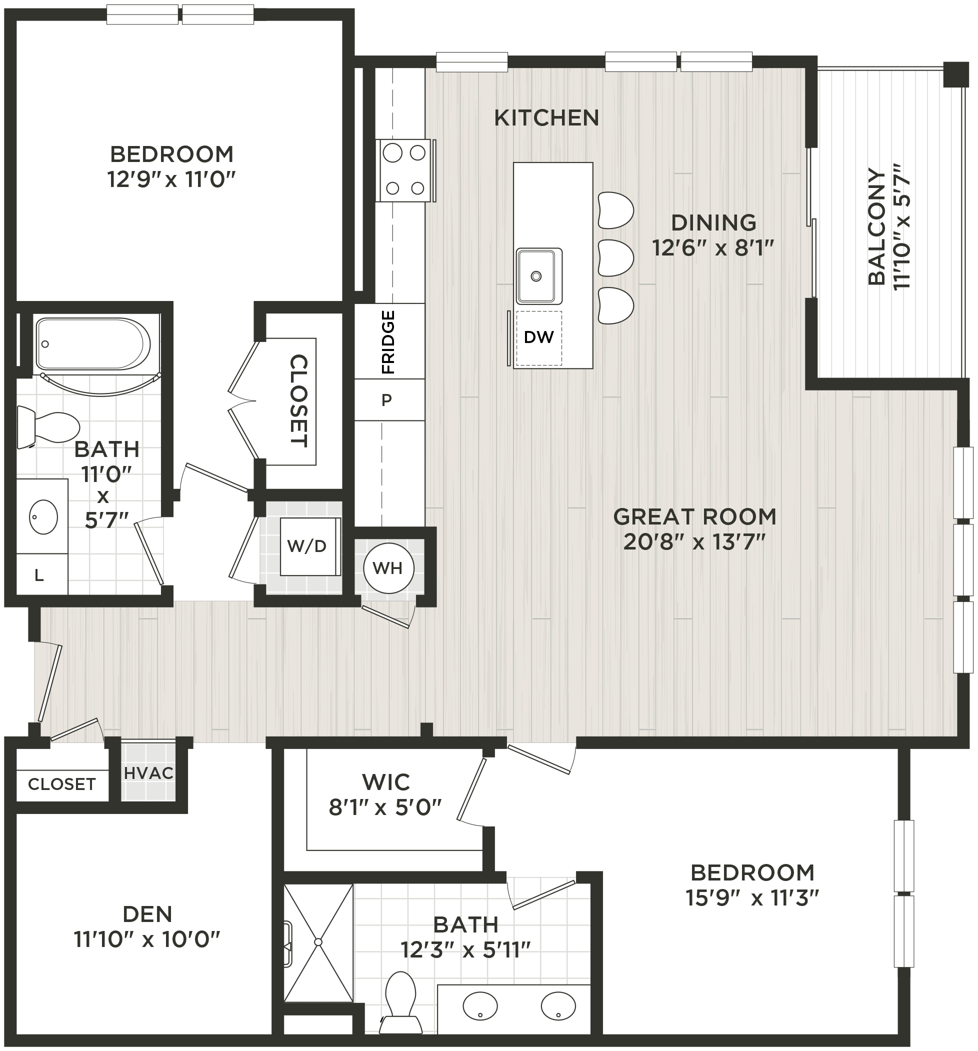 2 Bed/2 Bath Den-E1 floor plan