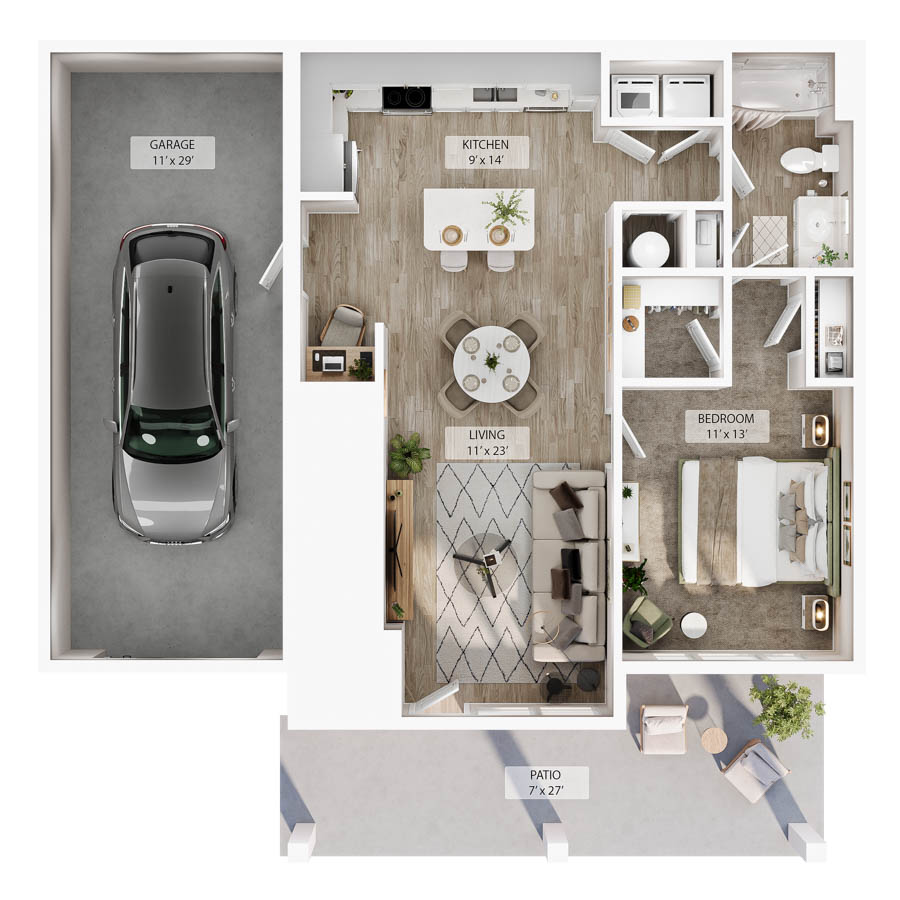 1 BR Designer Courtyard Garage floor plan