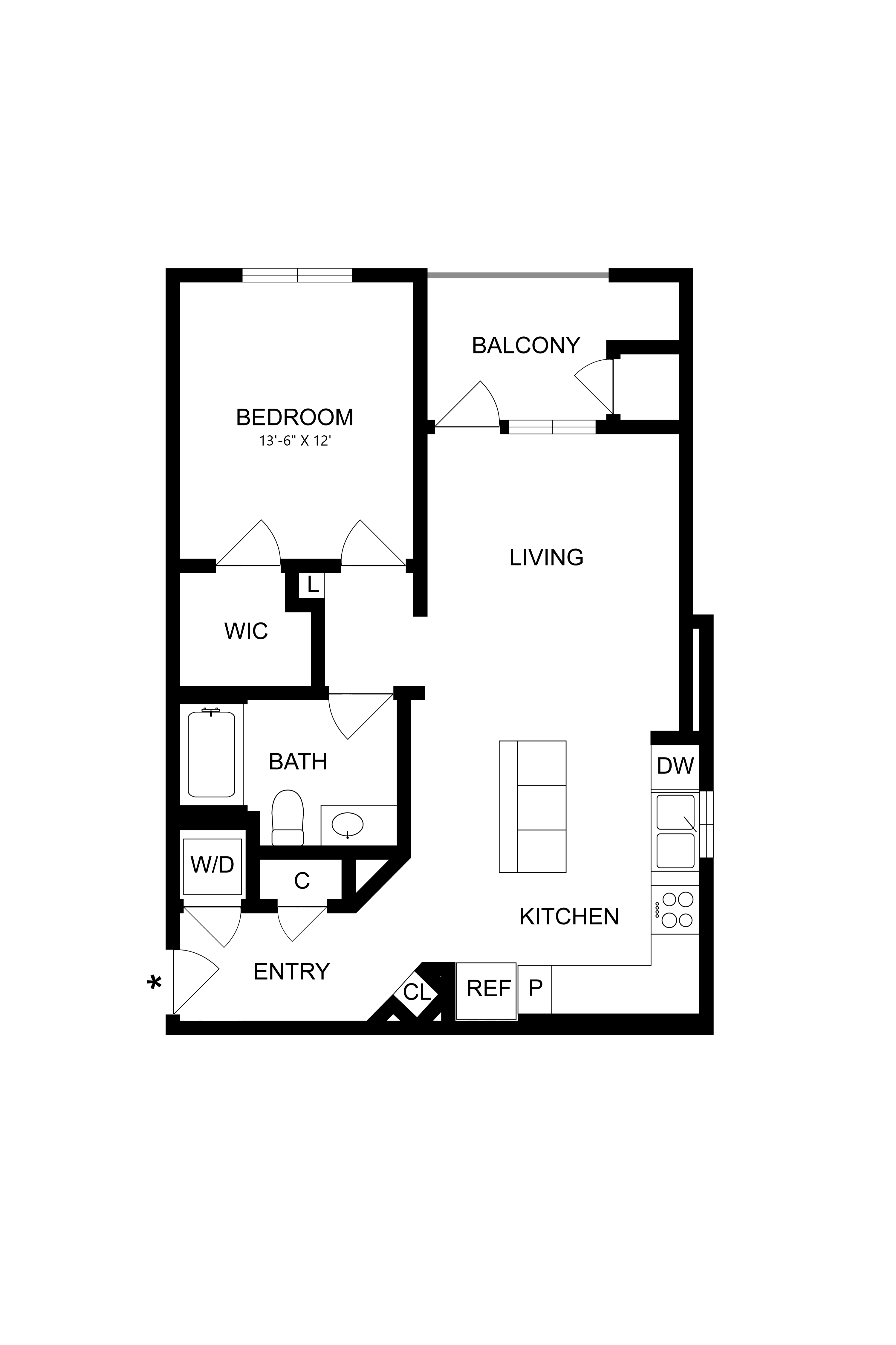 Rendering of the A2-Alt floor plan with 1 bedroom[s] and 1 bathroom[s] at Artisan Apartments