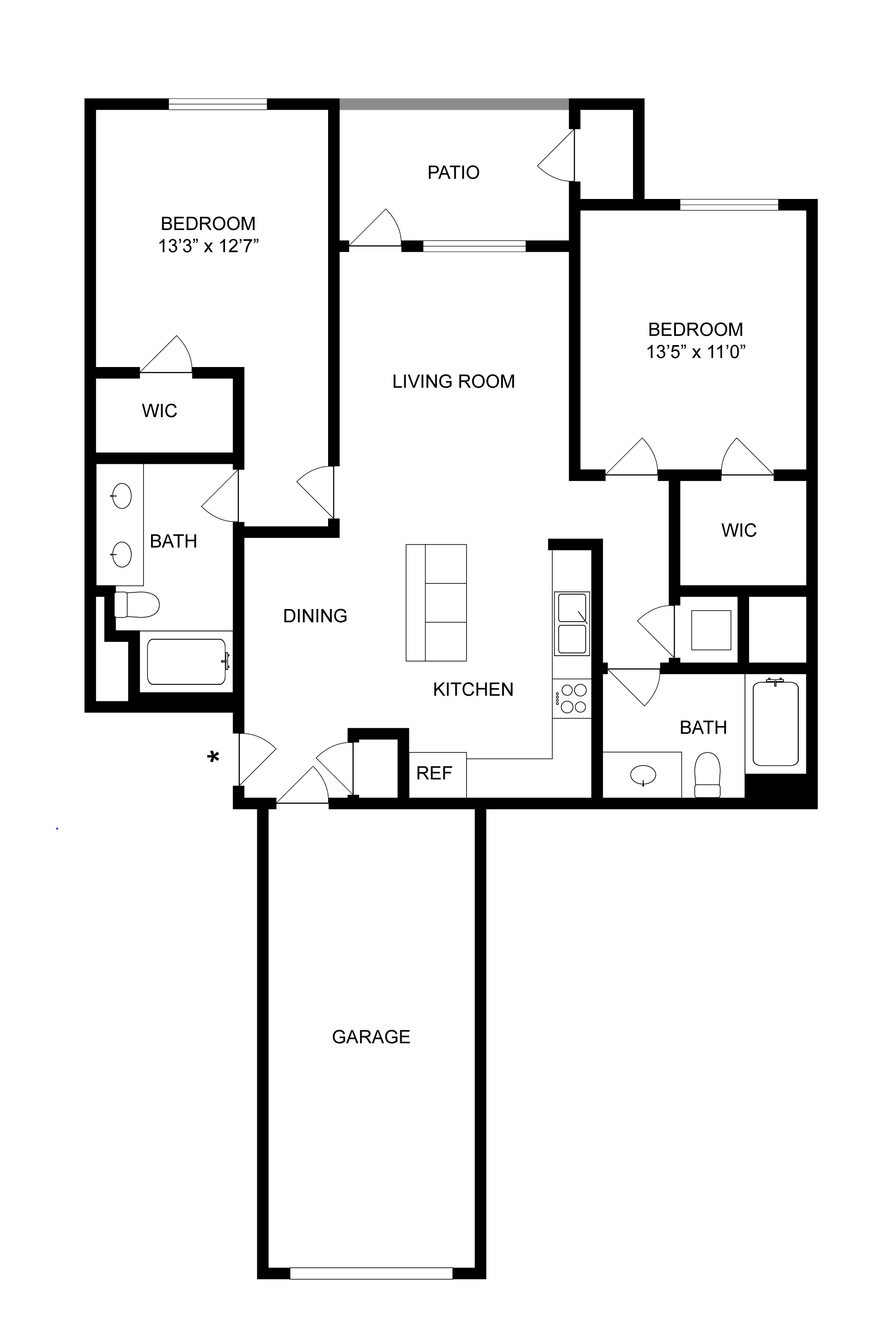 Rendering of the B2+Garage floor plan with 2 bedroom[s] and 2 bathroom[s] at Artisan Apartments