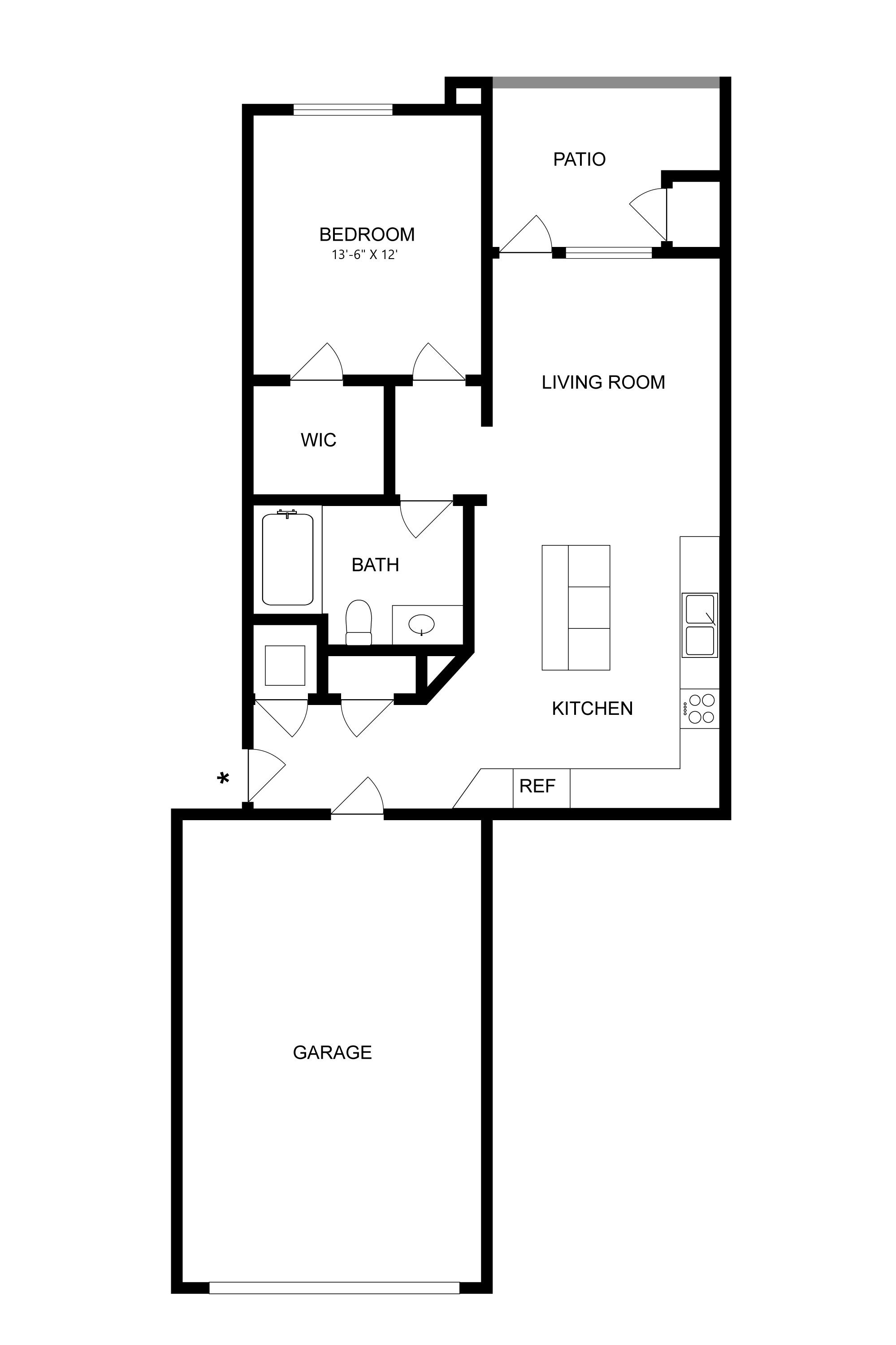 Rendering of the A2-Alt+Garage floor plan with 1 bedroom[s] and 1 bathroom[s] at Artisan Apartments