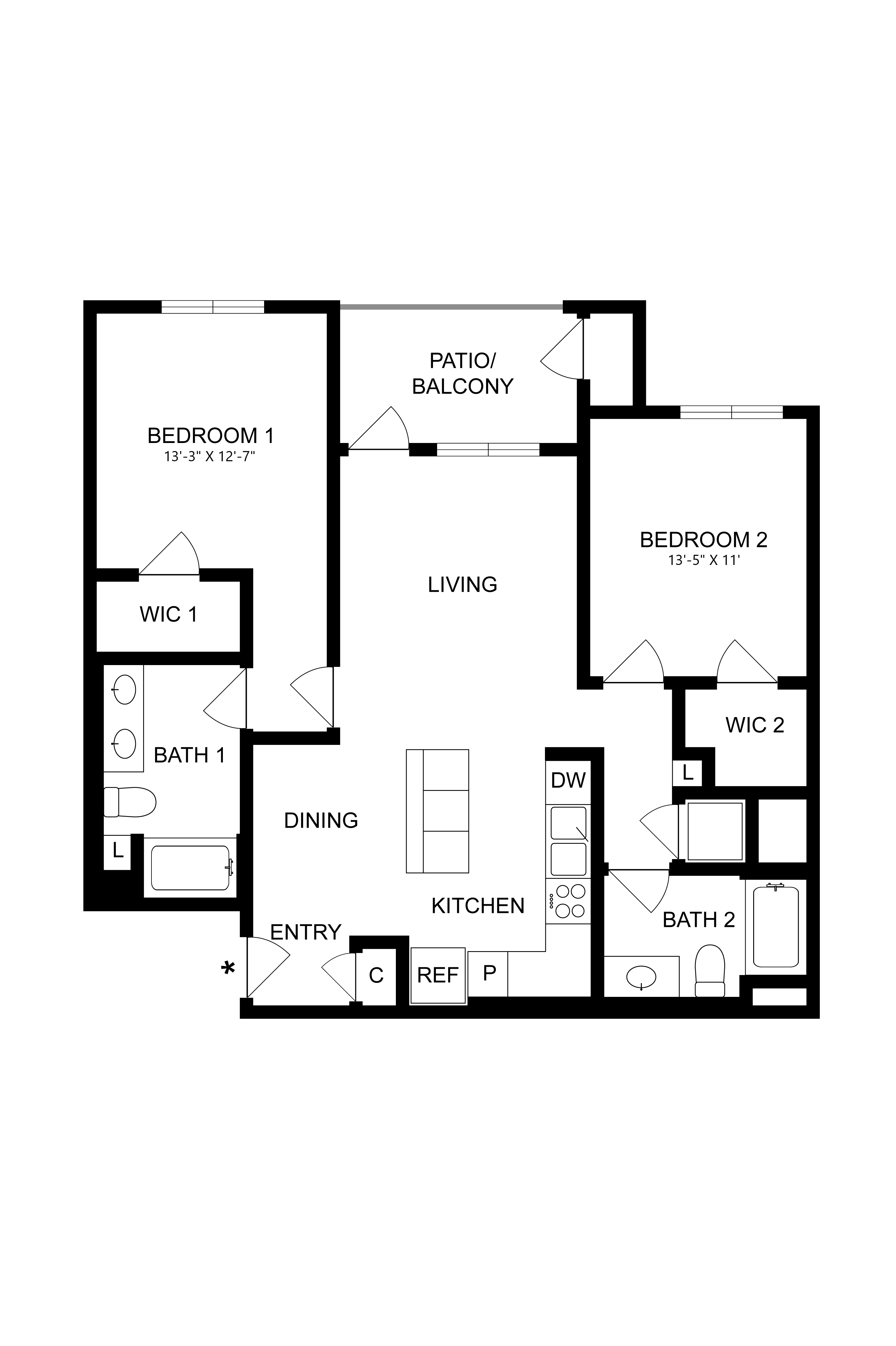 Rendering of the B2 floor plan with 2 bedroom[s] and 2 bathroom[s] at Artisan Apartments