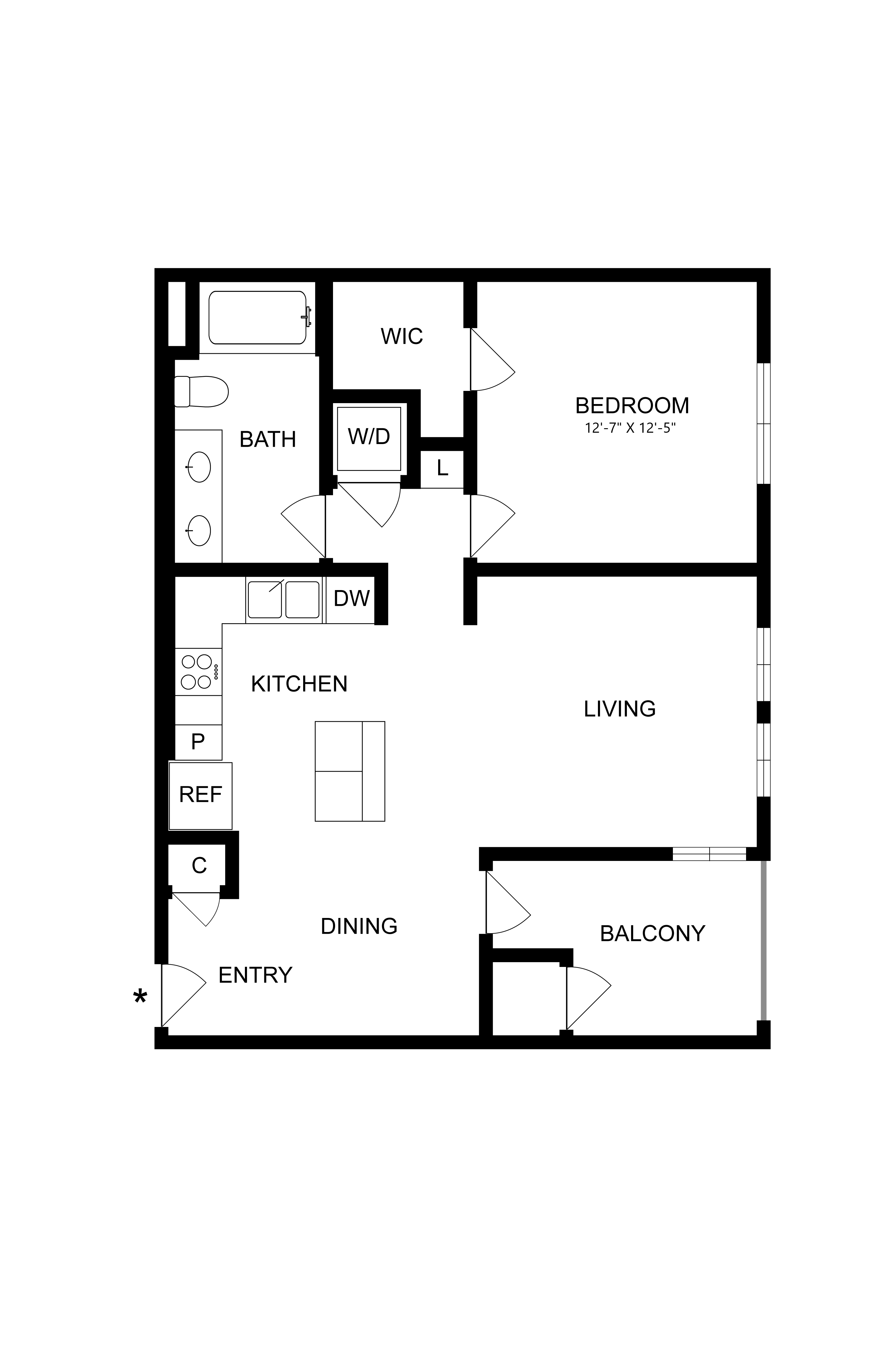 Rendering of the A1 floor plan with 1 bedroom[s] and 1 bathroom[s] at Artisan Apartments