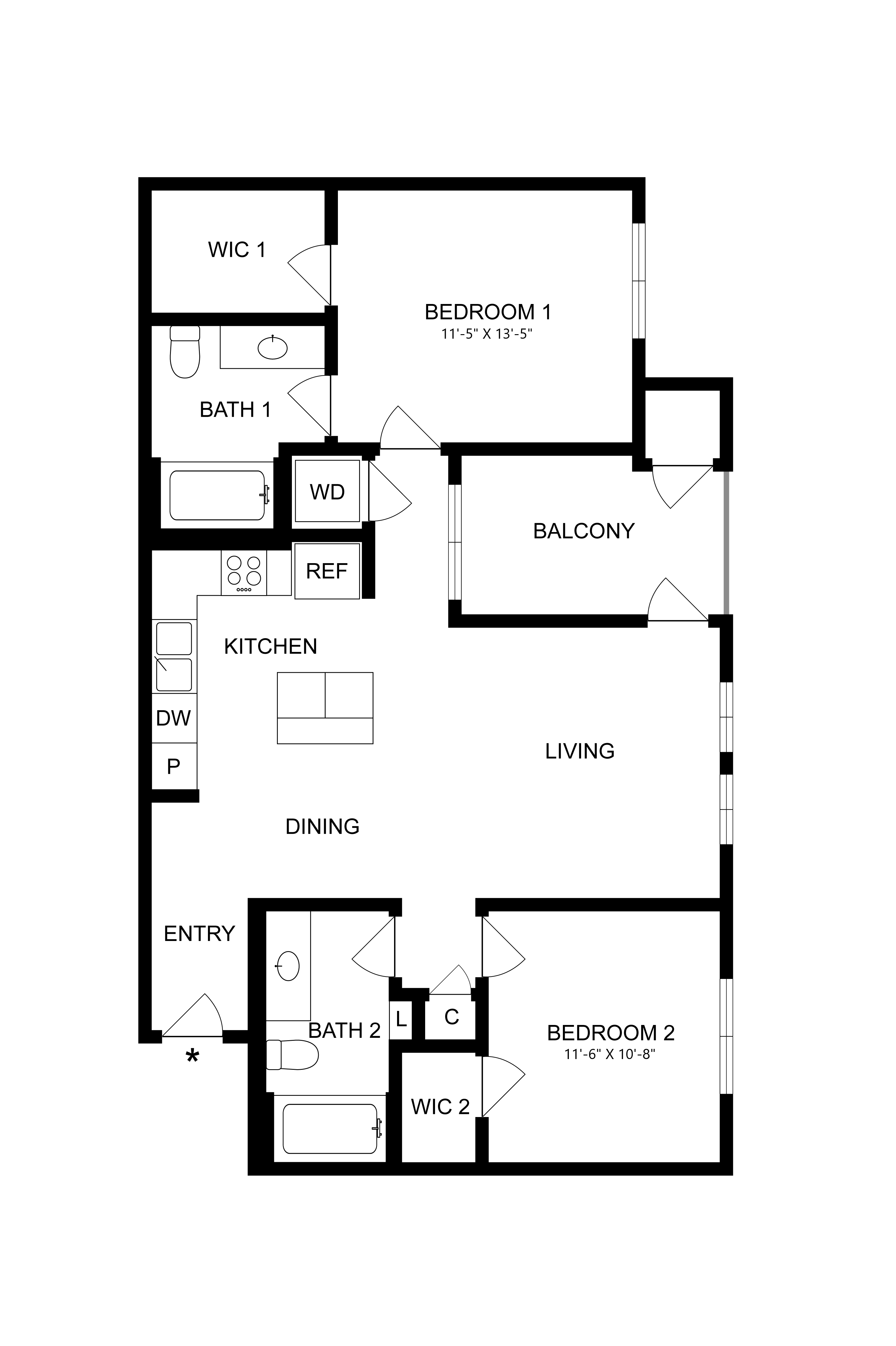 Rendering of the B1 floor plan with 2 bedroom[s] and 2 bathroom[s] at Artisan Apartments