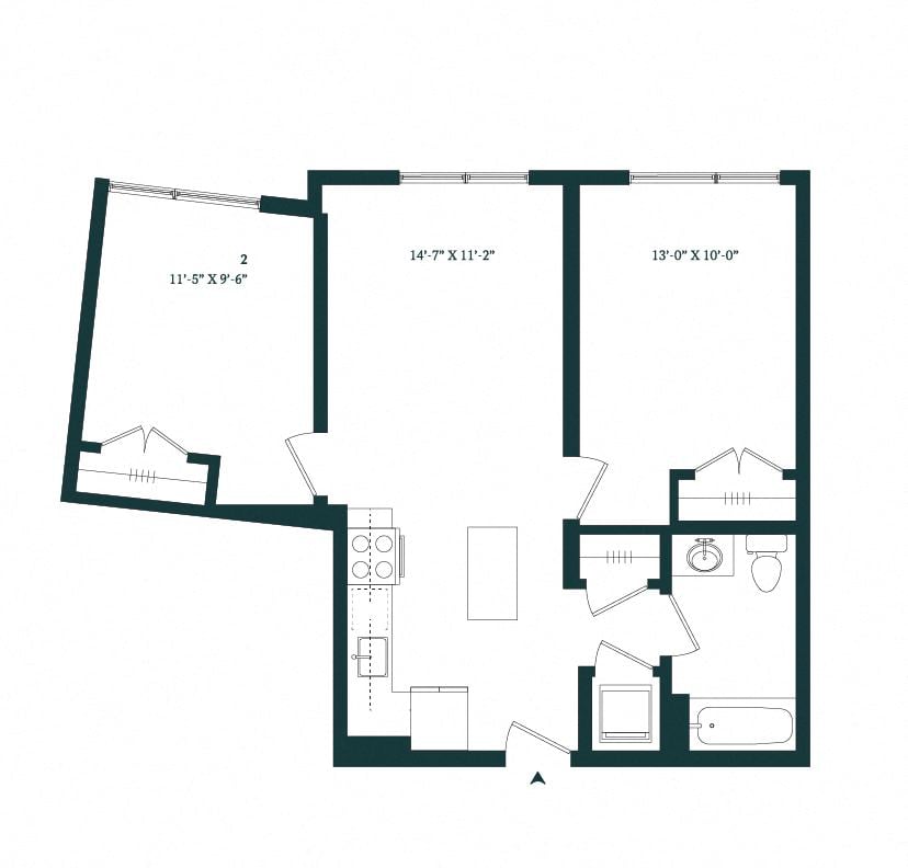 2 Bed / 1 Bath B-06W floor plan