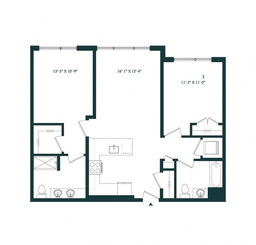 2 Bed / 2 Bath B-05W floor plan