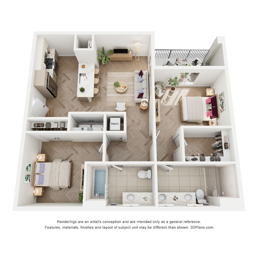 #337 - 2 bedroom floorplan layout with 2 bathrooms and 1035 square feet
