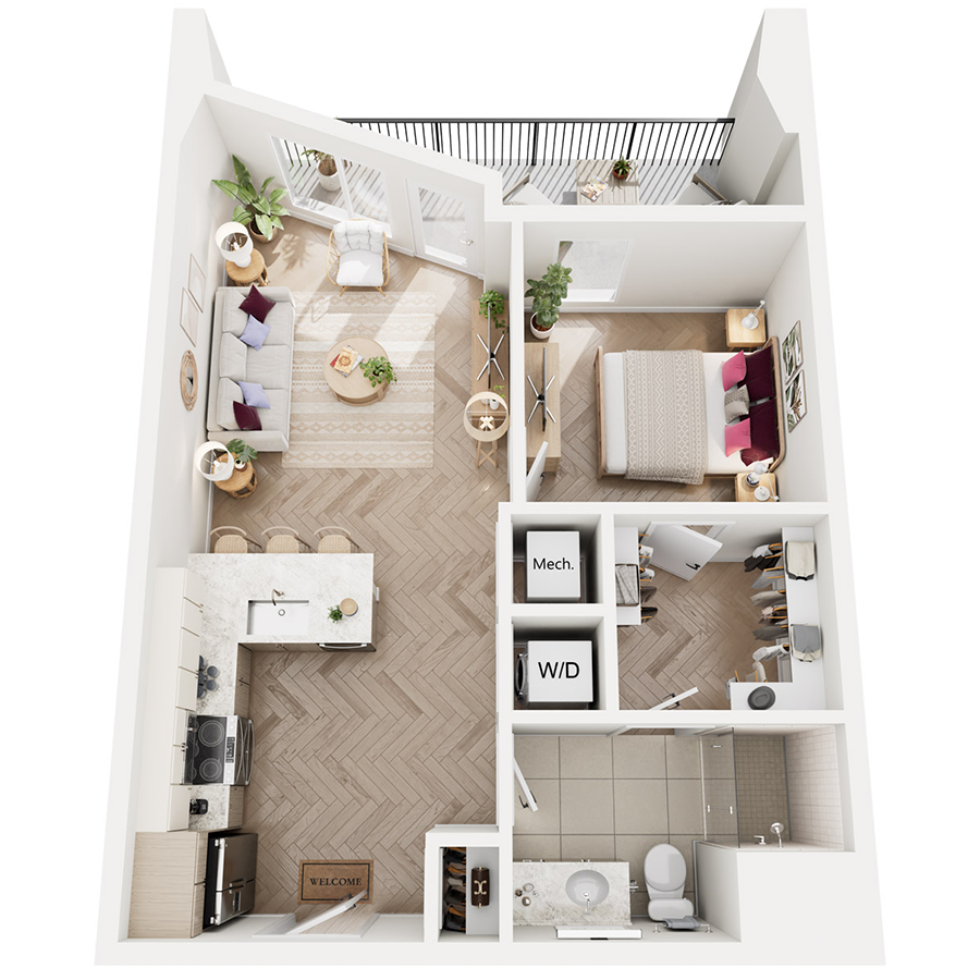 #601 - 1 bedroom floorplan layout with 1 bathroom and 595 square feet