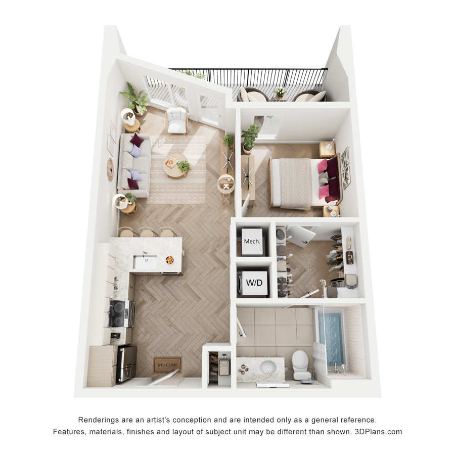 #509 - 1 bedroom floorplan layout with 1 bathroom and 595 square feet