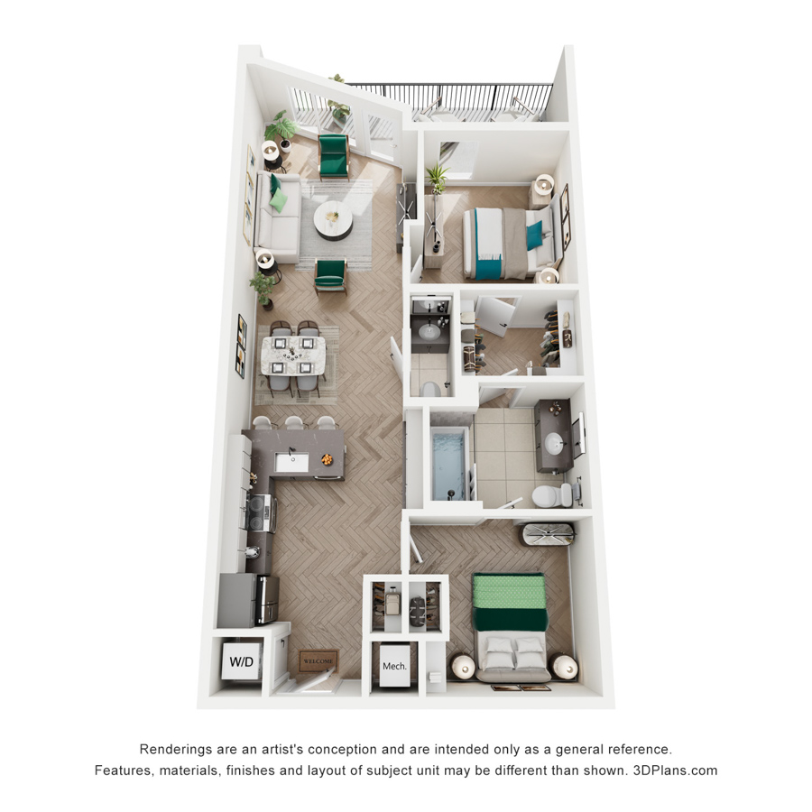 #722 - 2 bedroom floorplan layout with 1.5 bathroom and 890 square feet