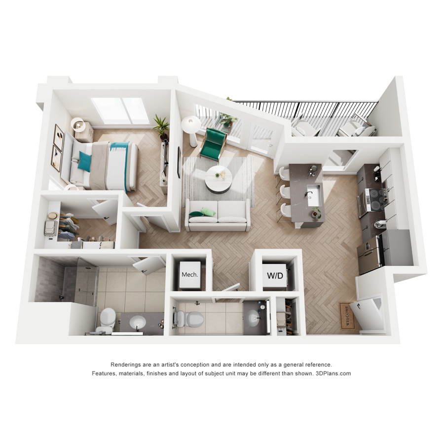 #443 - 1 bedroom floorplan layout with 1.5 bathroom and 640 square feet