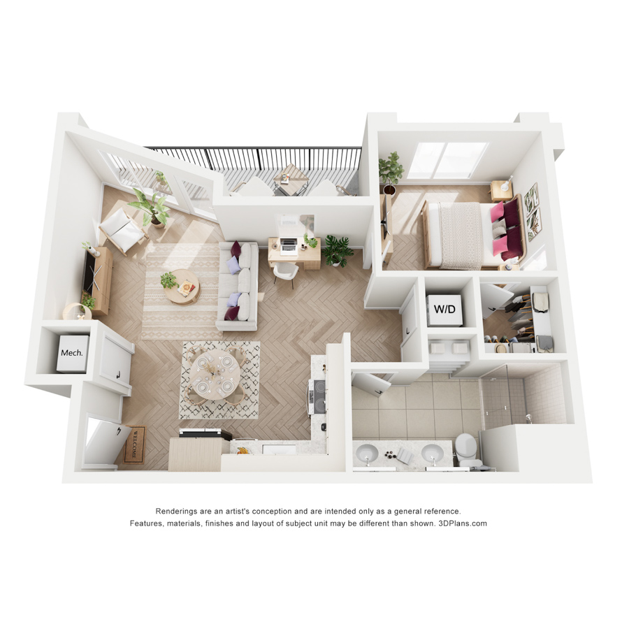 #543 - 1 bedroom floorplan layout with 1 bathroom and 640 square feet