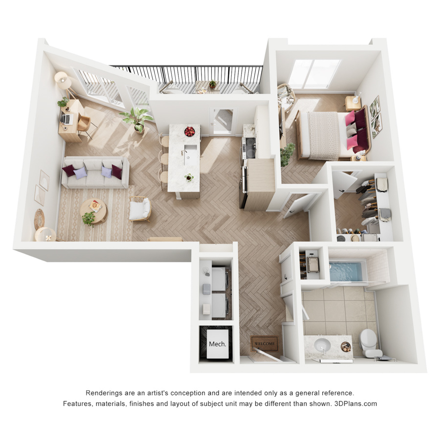 #404 - 1 bedroom floorplan layout with 1 bathroom and 760 square feet