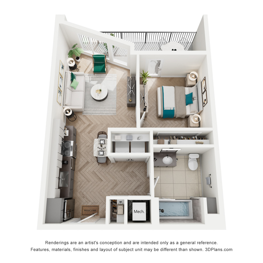 #610 - 1 bedroom floorplan layout with 1 bathroom and 600 square feet