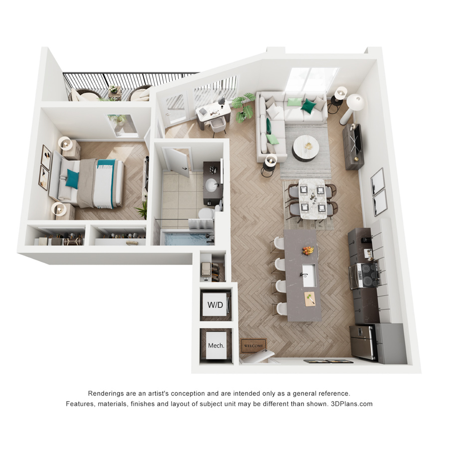 #603 - 1 bedroom floorplan layout with 1 bathroom and 770 square feet