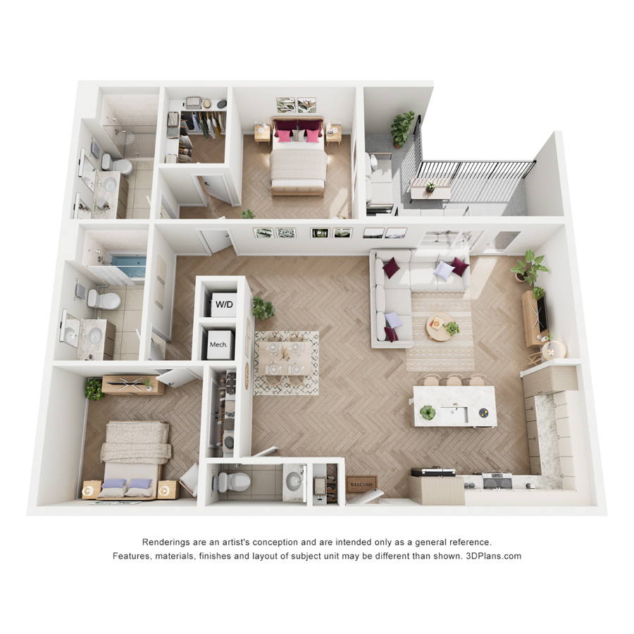 #620 - 2 bedroom floorplan layout with 2.5 bathrooms and 1265 square feet