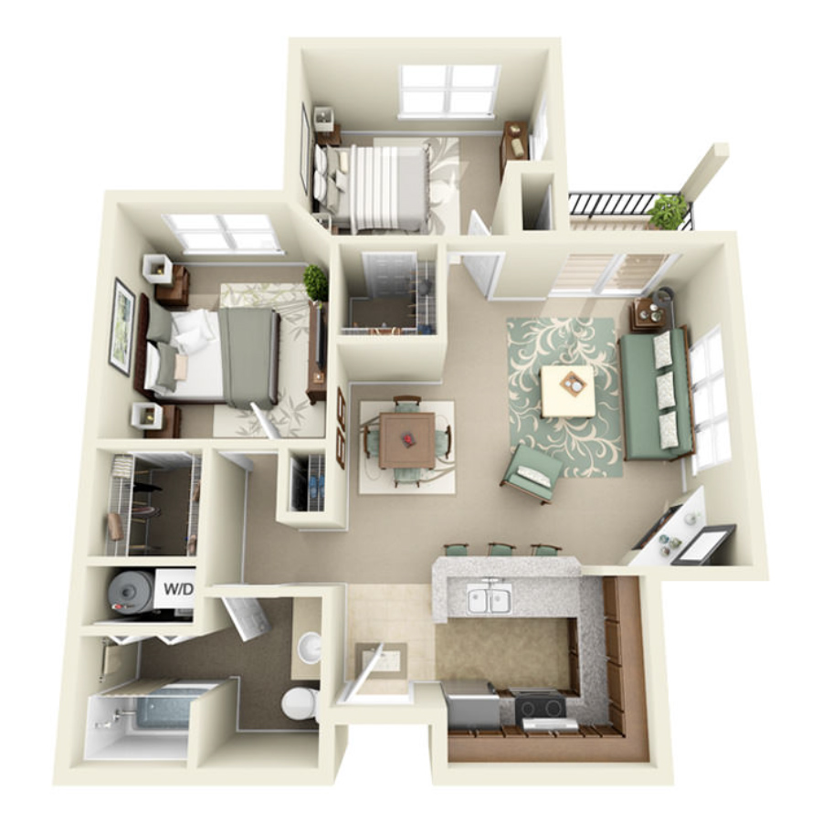 2 Bed, 1 Bath floor plan