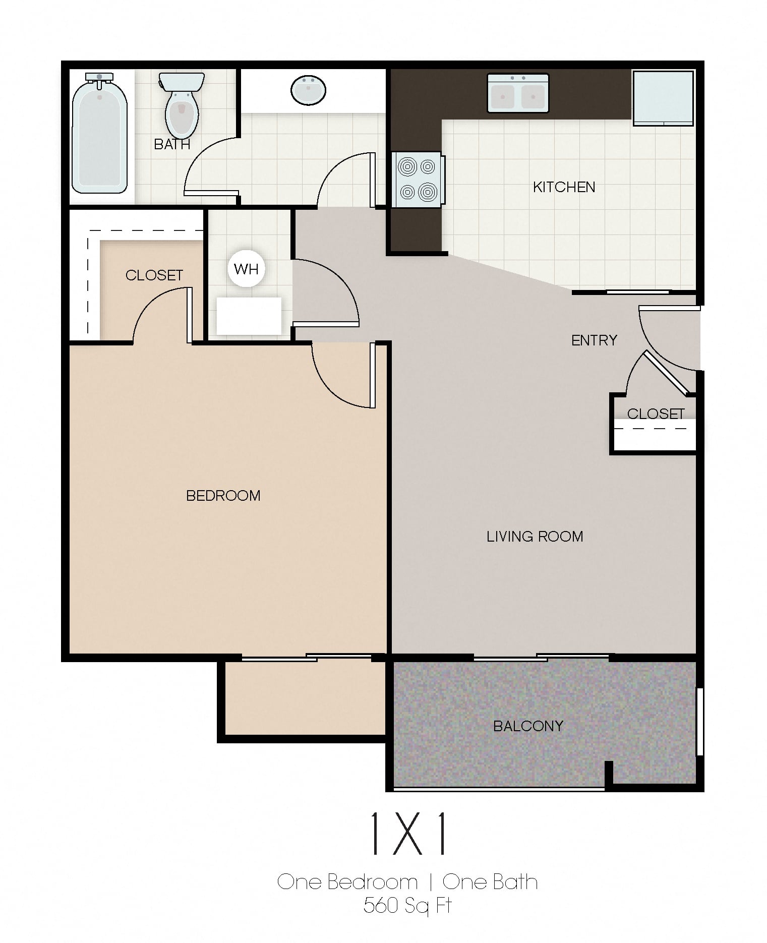 One Bedroom One Bathroom floor plan