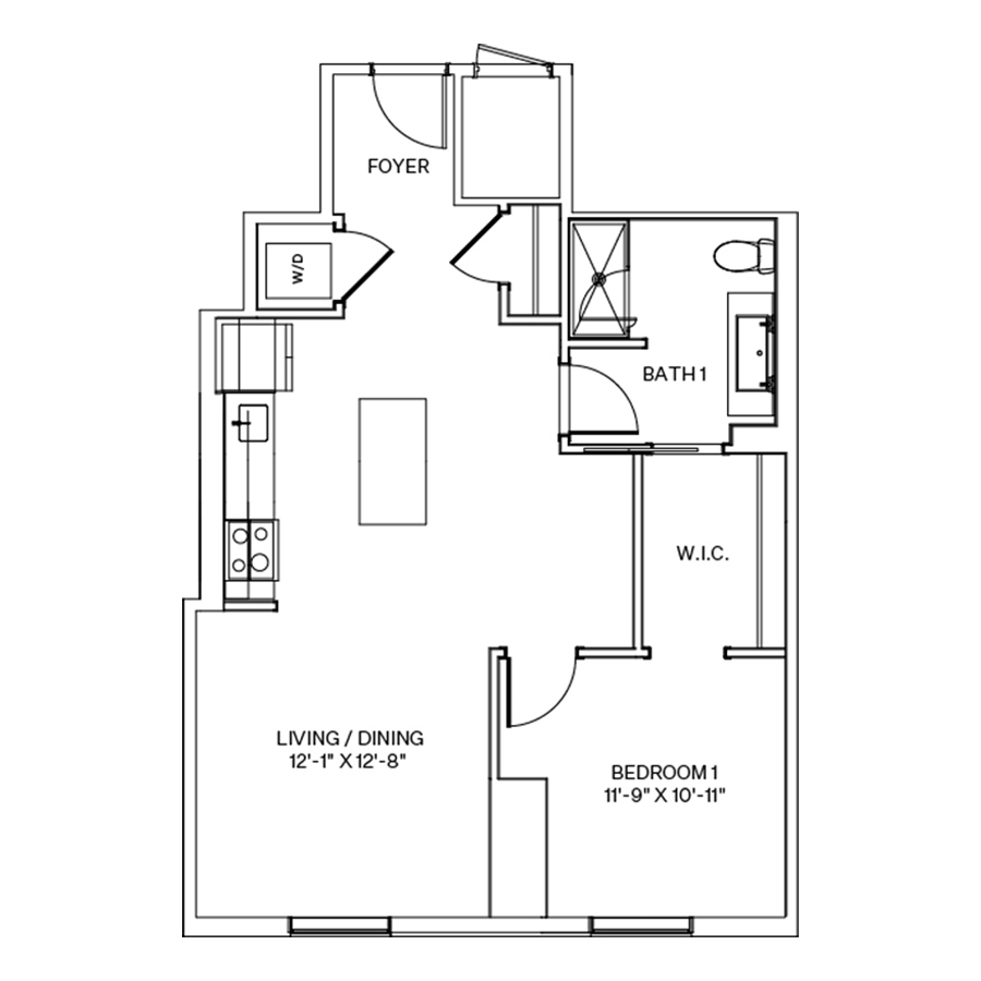 Rendering of the A9 floor plan with 1 bedroom[s] and 1 bathroom[s] at Coeval I