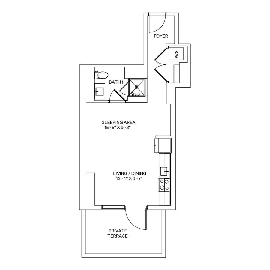 Rendering of the T1 floor plan with a Studio bedroom and 1 bathroom[s] at Coeval I