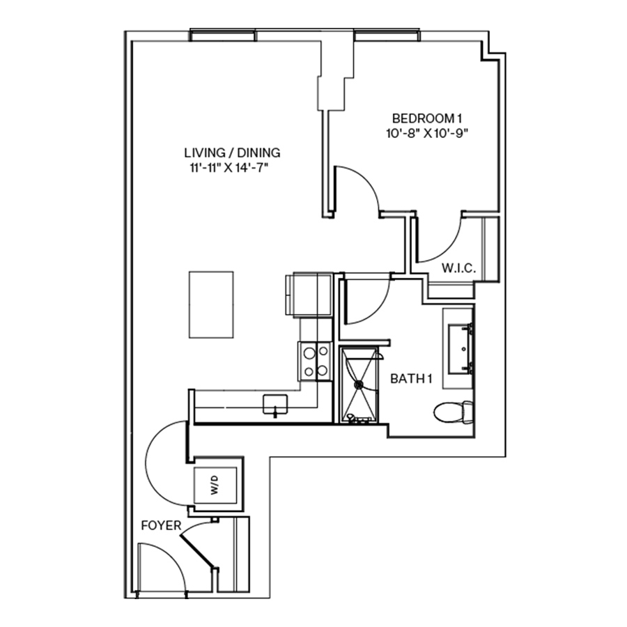 Rendering of the A4 floor plan with 1 bedroom[s] and 1 bathroom[s] at Coeval I