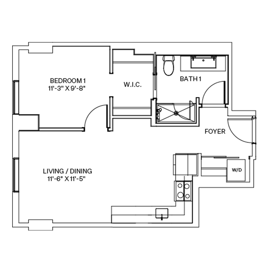 Rendering of the A3 floor plan with 1 bedroom[s] and 1 bathroom[s] at Coeval I