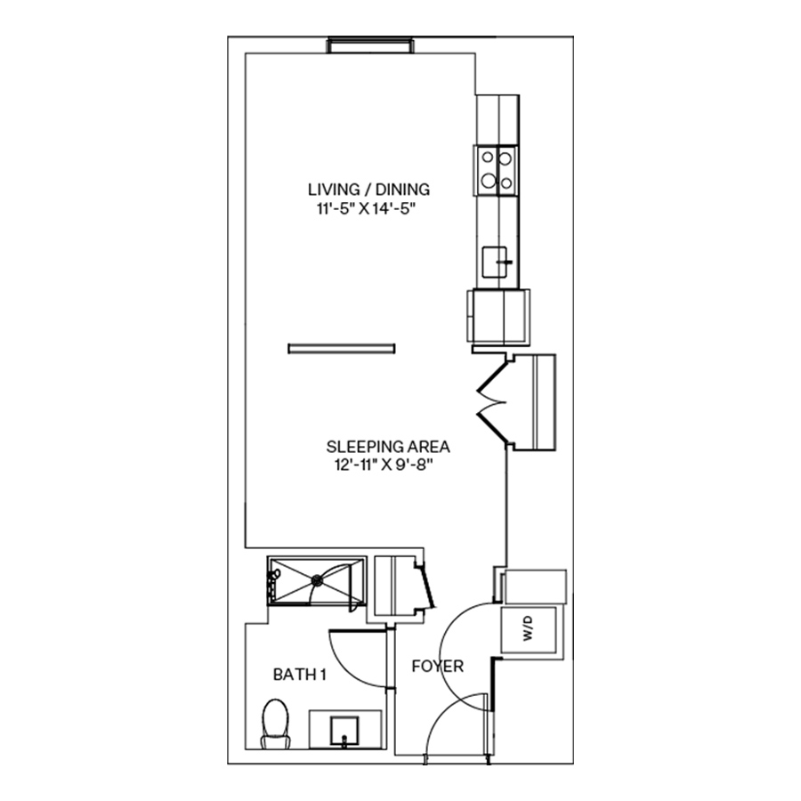 Rendering of the V3 floor plan with a Studio bedroom and 1 bathroom[s] at Coeval I