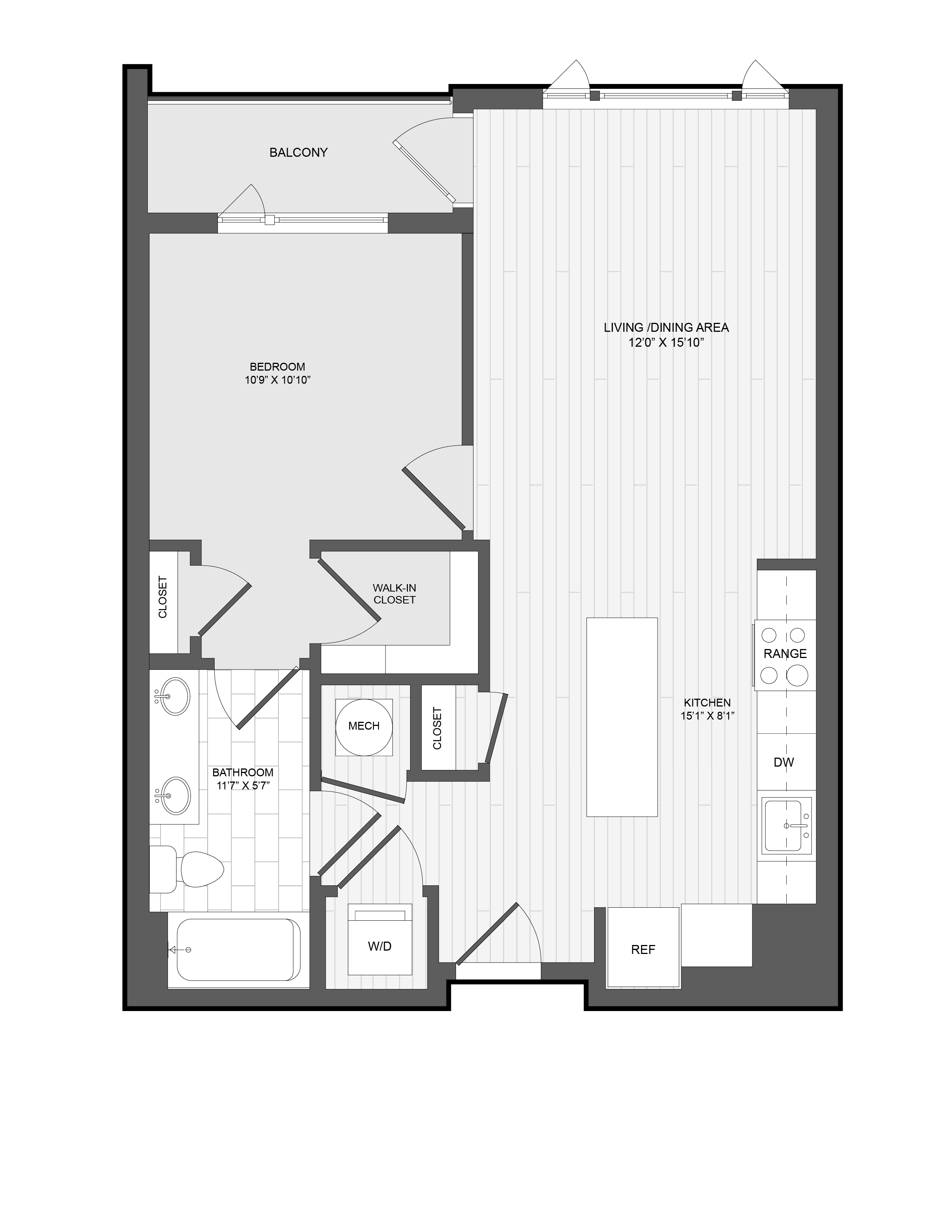 1 Bed1 Bath-1H floor plan