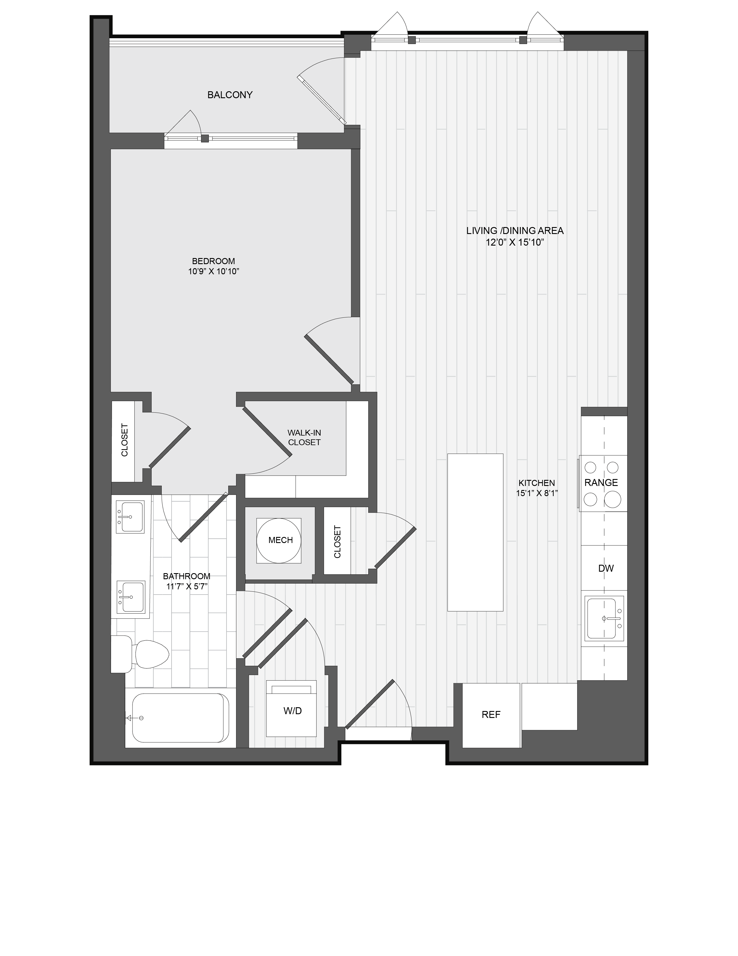 1 Bed1 Bath-1D floor plan