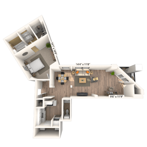 Traditional 1x1.5 916 SF floor plan