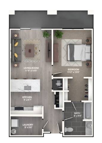 Rendering of the A2 floor plan with 1 bedroom[s] and 1 bathroom[s] at Emerson
