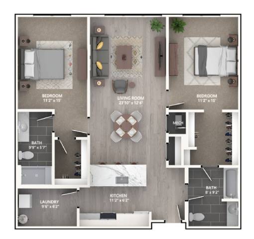 Rendering of the B7 floor plan with 2 bedroom[s] and 2 bathroom[s] at Emerson