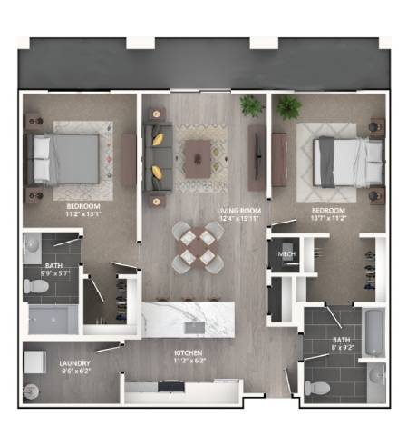 Rendering of the B5 floor plan with 2 bedroom[s] and 2 bathroom[s] at Emerson