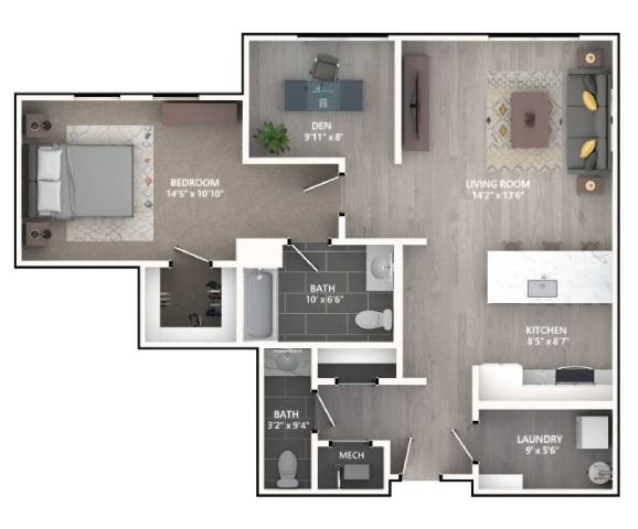Rendering of the A7D floor plan with 1 bedroom[s] and 1 bathroom[s] at Emerson
