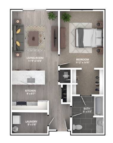 Rendering of the A3 floor plan with 1 bedroom[s] and 1 bathroom[s] at Emerson
