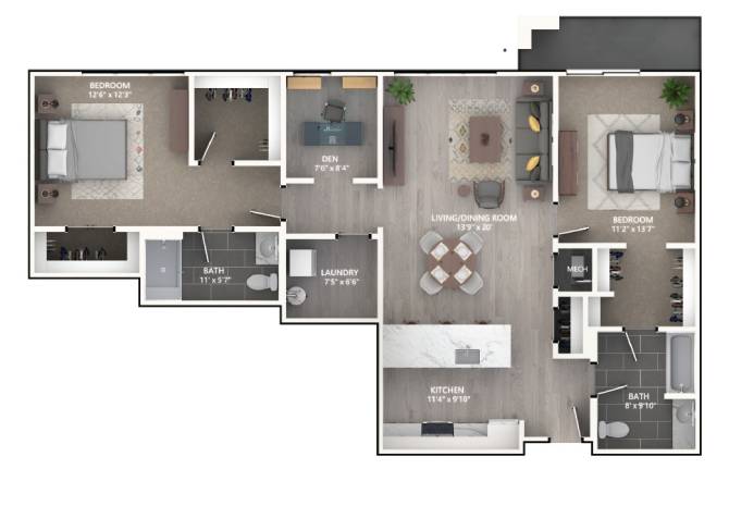 Rendering of the B10D floor plan with 2 bedroom[s] and 2 bathroom[s] at Emerson