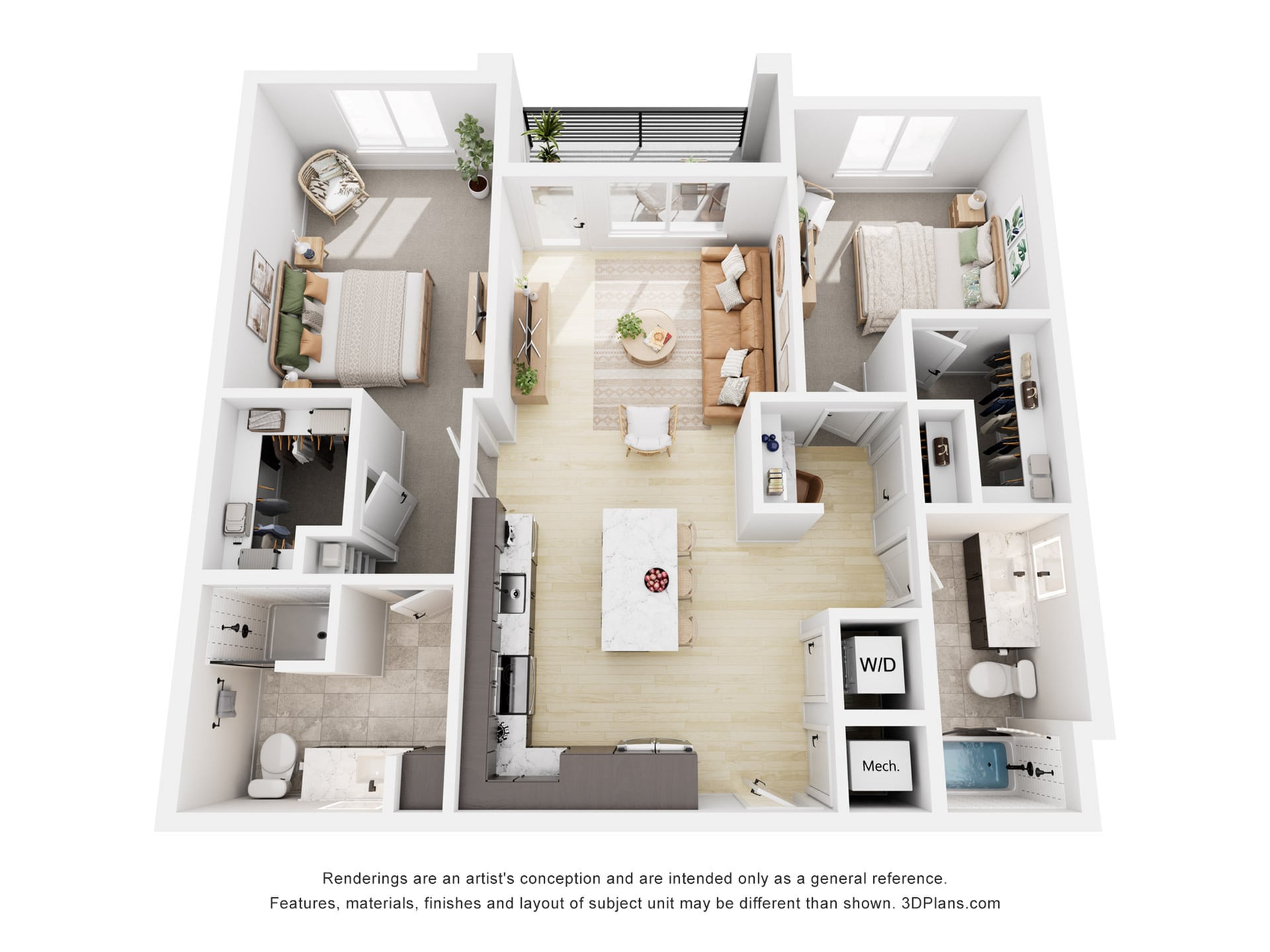 Rendering of the B1 floor plan with 2 bedroom[s] and 2 bathroom[s] at Navona