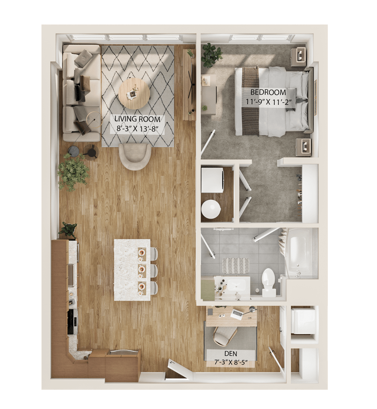 Rendering of the 1 Bed/1 Bath Den-A9D floor plan with 1 bedroom[s] and 1 bathroom[s] at Piper