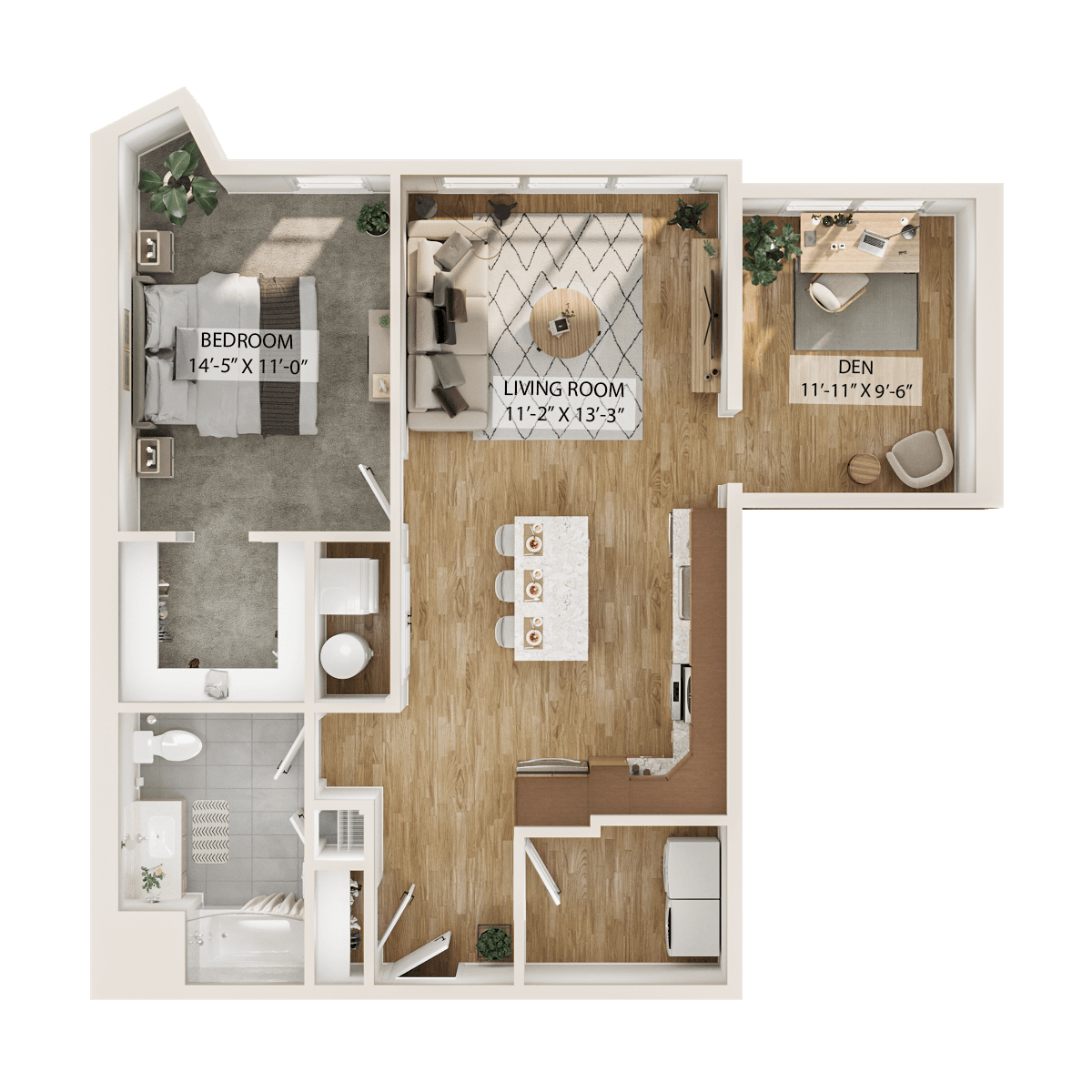 Rendering of the 1 Bed/1 Bath Den-A2D floor plan with 1 bedroom[s] and 1 bathroom[s] at Piper