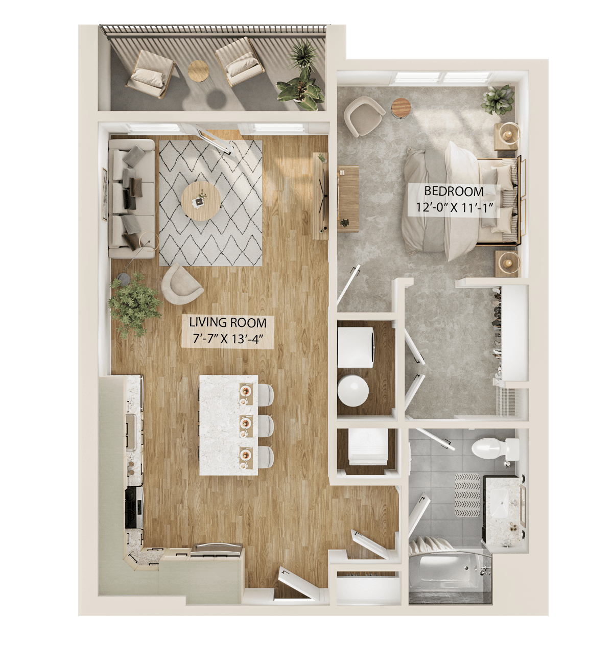 Rendering of the 1 Bed/1 Bath-A1 floor plan with 1 bedroom[s] and 1 bathroom[s] at Piper