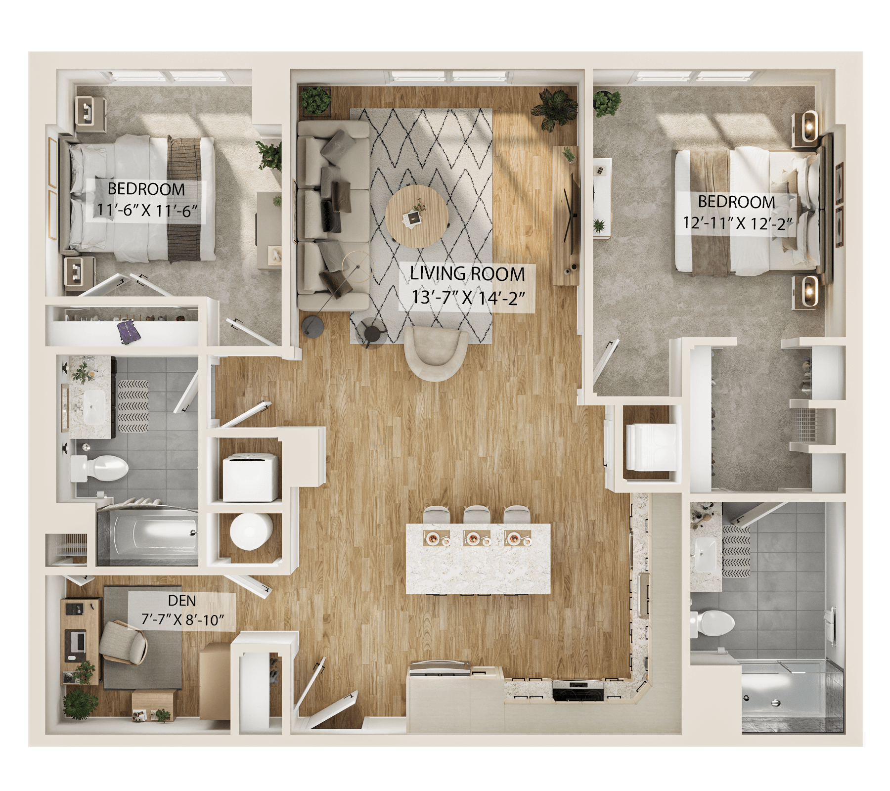 Rendering of the 2 Bed/2 Bath Den-B6D floor plan with 2 bedroom[s] and 2 bathroom[s] at Piper