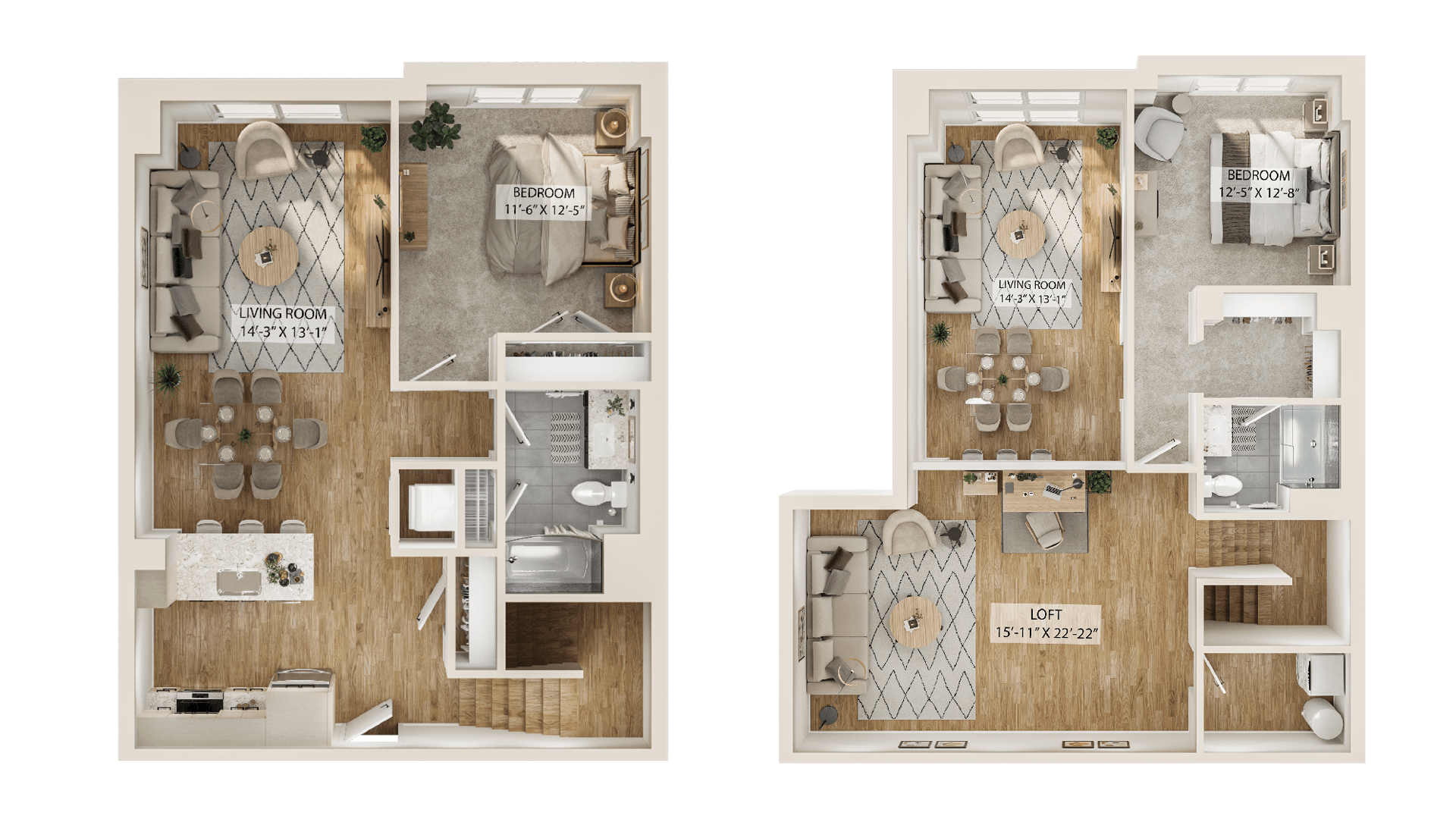 Rendering of the 2 Bed/2 Bath Loft-B6L floor plan with 2 bedroom[s] and 2 bathroom[s] at Piper