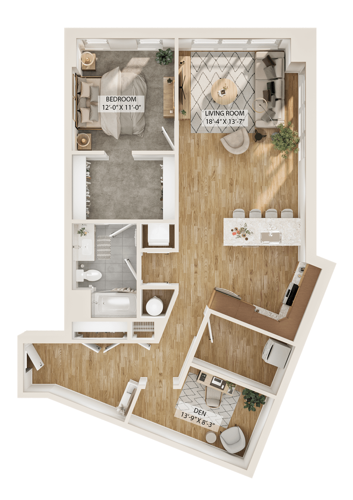 Rendering of the 1 Bed/1 Bath Den-A6D floor plan with 1 bedroom[s] and 1 bathroom[s] at Piper