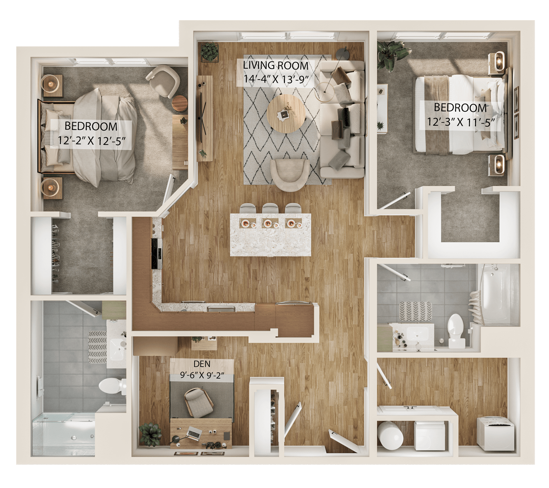 Rendering of the 2 Bed/2 Bath Den-B5D floor plan with 2 bedroom[s] and 2 bathroom[s] at Piper